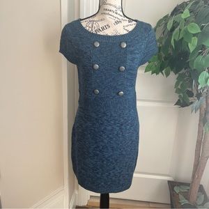 J.J. Basics Button Embellished Short Sleeve Knit Dress Blue Sz L